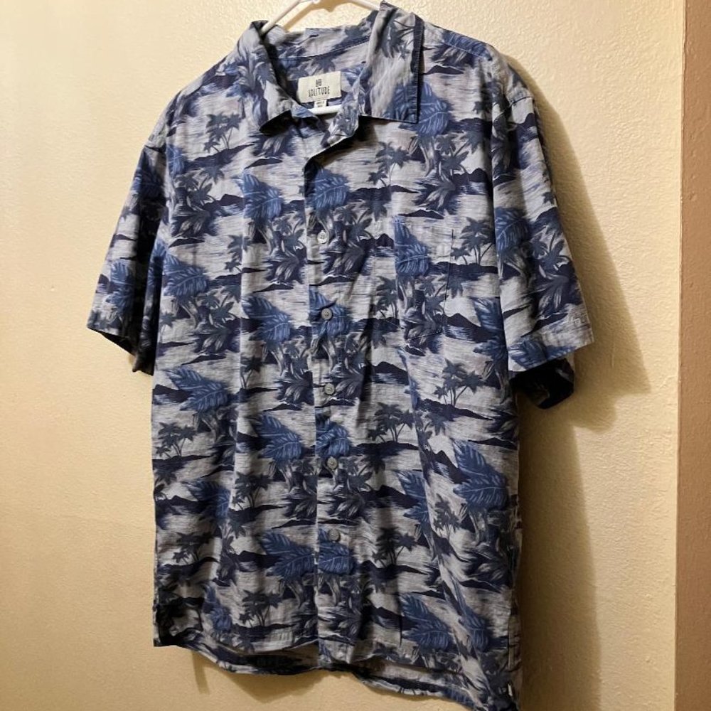 Vintage Solitude Men's Blue/Gray Palm Tree Short Sleeve Button Up Shirt Large